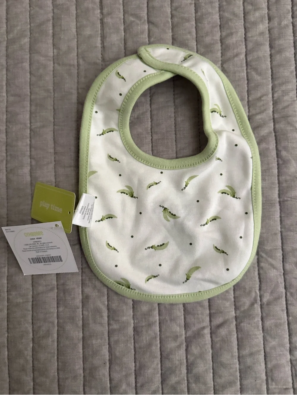 Gymboree White Baby Bib with Light Green Trim and Sweet Pea Embroidery